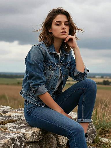 Young Woman in Denim Jacket Sitting Outdoors
