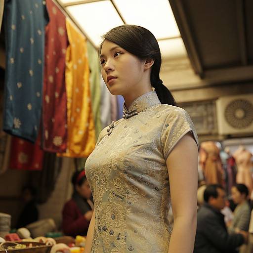 Photograph of an Asian woman with fair skin and black hair in a side ponytail, wearing a silver embroidered cheongsam, standing in a vibrant