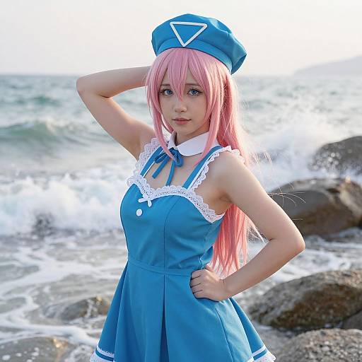 Photograph of a pink-haired cosplayer in a blue maid outfit with white lace, standing by the ocean, hand on head.