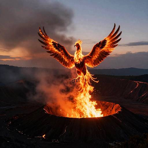 Fiery Phoenix Rising from Volcanic Crater at Dusk