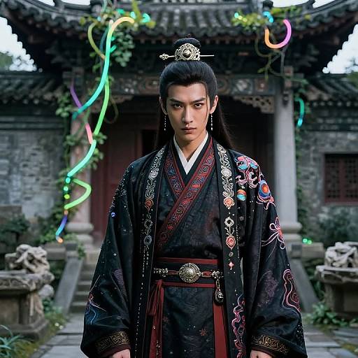 Digital artwork of a serious East Asian man in traditional black kimono with intricate embroidery, standing in front of a ancient stone building with colorful neon lights and
