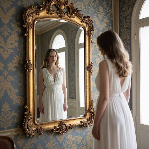 Photograph of a woman with long brown hair in a white sleeveless dress, standing in front of an ornate gold-framed mirror, reflecting her