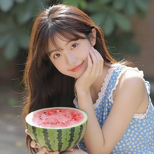 Cheerful Asian Woman with Watermelon