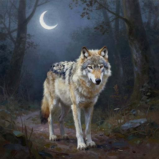 Digital painting of a wolf with a mix of brown, black, and white fur standing on a forest path under a crescent moon.