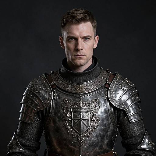 Photograph of a serious, blue-eyed white man in detailed, polished medieval steel armor with intricate emblem, set against a dark background.