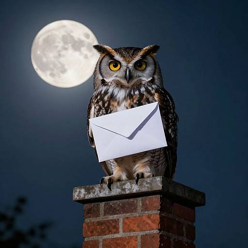 Photograph of a brown owl with yellow eyes, perched on a brick chimney, holding a white envelope at night under a bright full moon.