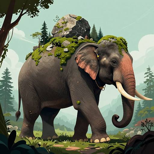 Digital illustration of a large, gray elephant adorned with moss, rocks, and a small plant-covered sack, walking through a lush forest.