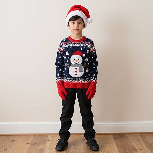 Young boy in a Santa hat, snowman sweater, red gloves, black pants, and shoes, standing against a plain white wall.