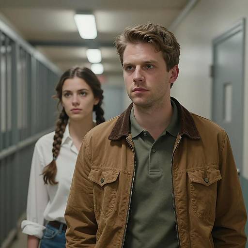 Industrial Hallway Encounter at Dusk