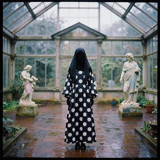 Haunting Figure in Polka Dot Dress in Rainy Greenhouse