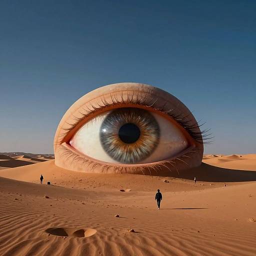 Photograph of a massive, realistic eyeball sculpture in a desert, with tiny people walking in front, under a clear blue sky.