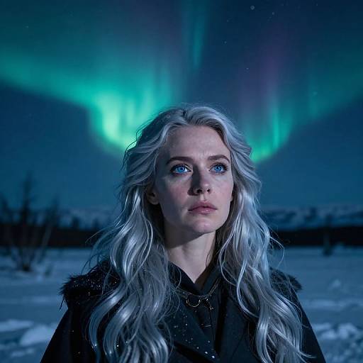 Photograph of a fair-skinned woman with long, wavy, silver hair, blue eyes, wearing a black coat, standing in a snowy landscape