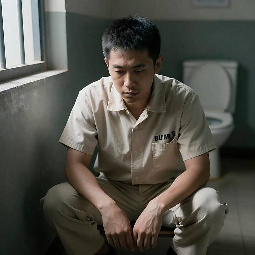 Somber Prisoner in Dimly Lit Cell