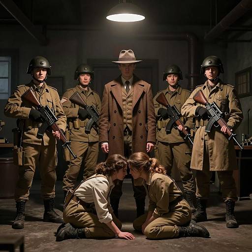 Industrial Scene with Soldiers and Dark Atmosphere