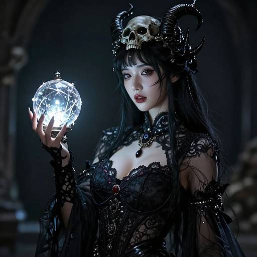 Digital art of a dark, gothic witch with black lace dress, skull crown, holding glowing crystal orb, pale skin, red lips, eerie blue