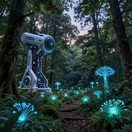 Photograph of a futuristic white robotic camera in a dense, dark forest with glowing blue bioluminescent mushrooms and plants.
