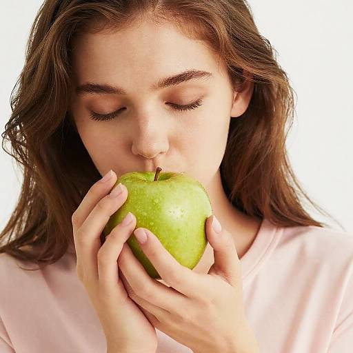 Photograph of a young woman with brown hair, closed eyes, and fair skin, gently biting a green apple, wearing a light pink shirt, against