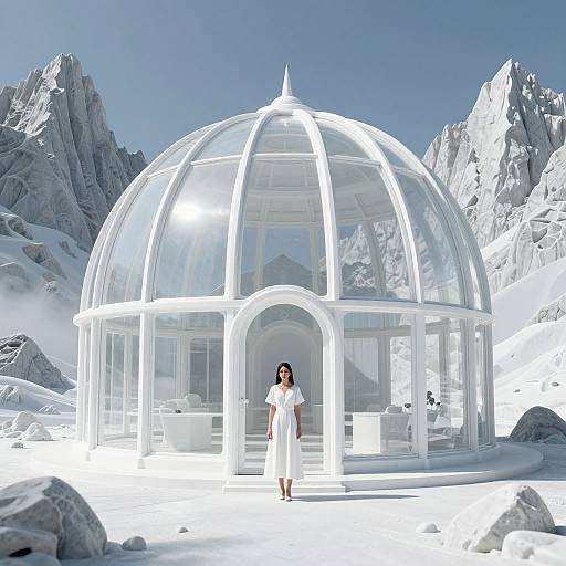 Photograph of a woman in a white dress standing in front of a transparent dome-shaped glass building in a snowy mountain landscape under a clear blue sky.