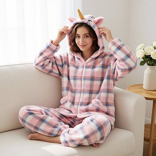 Cozy Woman in Pink Unicorn Pajamas