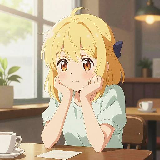 Anime-style digital drawing of a blonde girl with a blue bow, resting her chin on her hands, sitting at a sunlit café table.