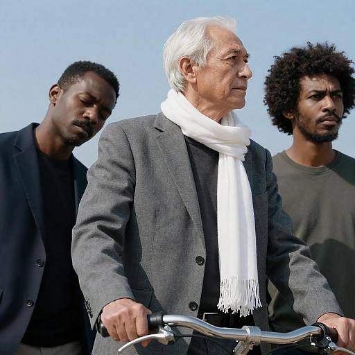 Three Men with Bicycle Under Blue Sky