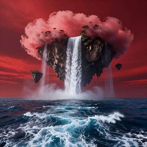 Fantasy digital artwork: floating island with waterfall, surrounded by swirling red clouds, crashing into turbulent blue ocean, vivid colors.