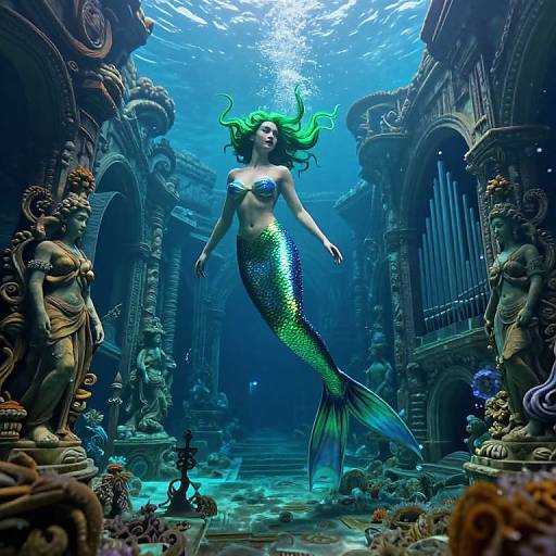 Photorealistic digital art of a green-haired mermaid with a shimmering blue-green tail, floating in an underwater, ancient temple adorned with statues and
