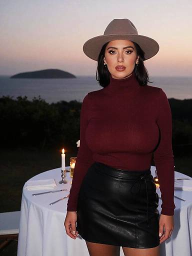 Photograph of a Latina woman with olive skin, black hair, and full lips, wearing a brown hat, maroon turtleneck, and black