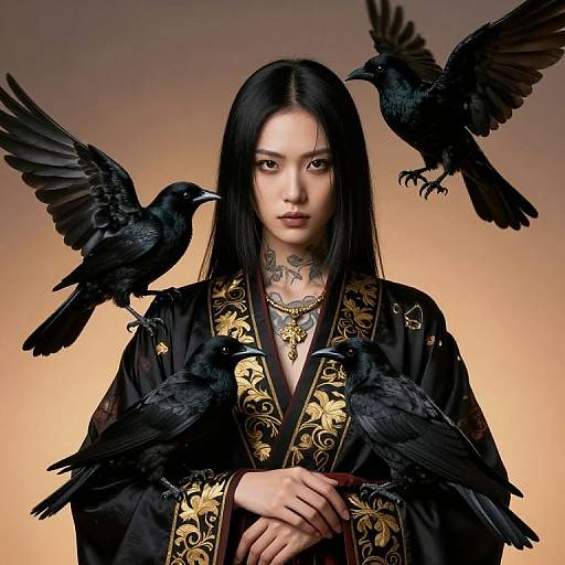 Photograph-style digital artwork of an Asian woman with black hair, tattoos, and ornate black robe, surrounded by three black ravens.