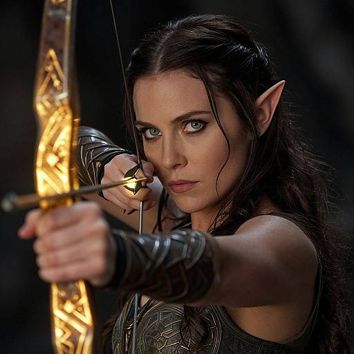 Photograph of a fierce, elven archer with long brown hair, pointed ears, and intense blue eyes, drawing a glowing, ornate bow