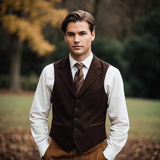 Young Man in Gatsby Style Brown Vest and Tie