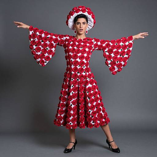 Photograph of a woman in a red and white star-patterned, wide-sleeve dress, matching hat, and black heels, striking a pose
