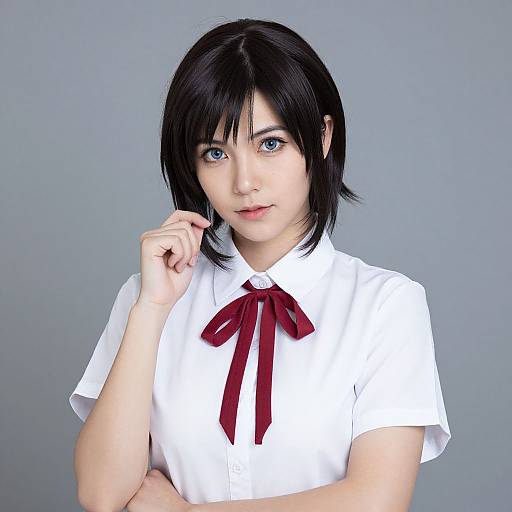 Photograph of an Asian woman with black bob haircut, blue eyes, wearing a white short-sleeve shirt with a red ribbon, against a gray