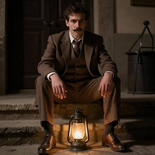 Man in Rustic Setting with Lantern Light