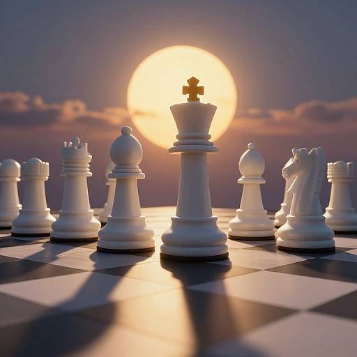 Photograph of a chessboard at sunset, with a large sun behind a king chess piece, casting dramatic shadows on the black and white squares.