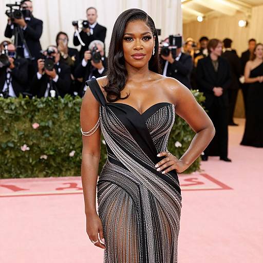 Photograph of a stunning Black woman in a strapless, black and silver, sparkling gown, posing on a red carpet with photographers in the background.