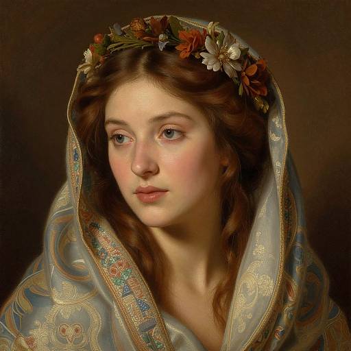 Photorealistic digital painting of a fair-skinned, blue-eyed young woman with wavy brown hair, wearing a floral headband and ornate blue