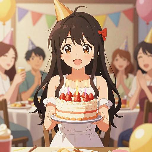 Anime-style digital illustration of a cheerful girl with long black hair, red bow, and gold party hat, holding a strawberry-topped cake at a festive