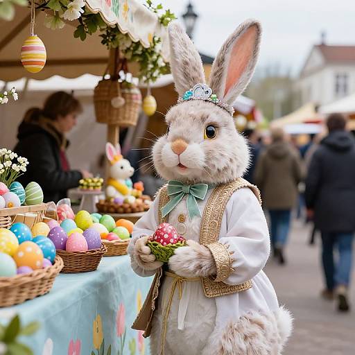 Photograph of a white-furred rabbit in a detailed, ornate white and gold outfit, holding a colorful Easter egg basket, at a festive outdoor