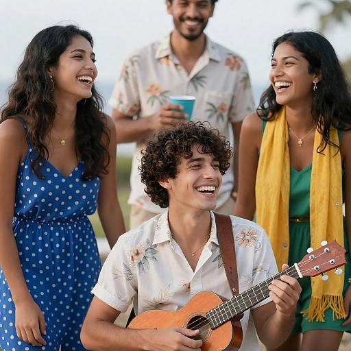 Smiling Friends Outdoors with Ukulele