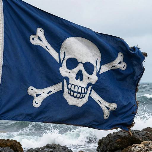 Photograph of a windswept Jolly Roger pirate flag with a white skull and crossbones on a blue background, flying over rocky ocean waves.