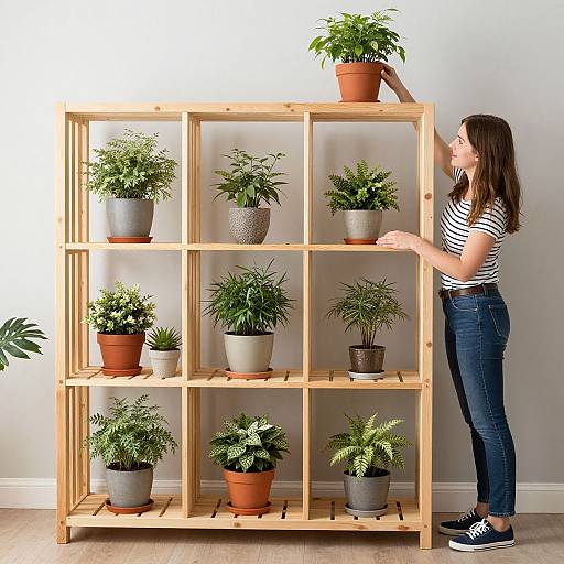Joyful Woman Arranging Vibrant Greenery