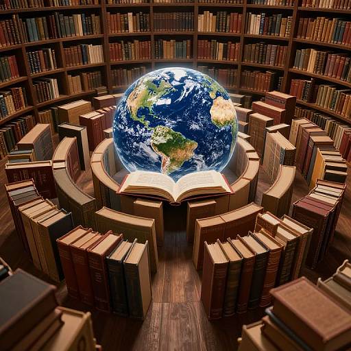 Photograph of a library with shelves of books circling a glowing, floating Earth positioned above an open book at the center.