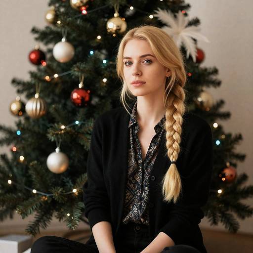 Blonde Woman by a Festive Christmas Tree