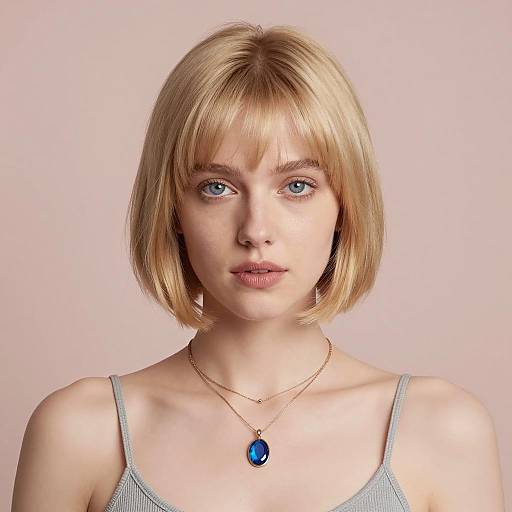 Young Blonde Woman with Bob Haircut and Blue Pendant Necklace