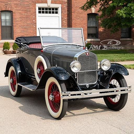 Photograph of a shiny black vintage convertible car with red wire wheels and white trim, parked in front of a red-brick building.