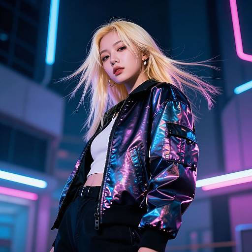 Photograph of a blonde Asian woman in a neon-iridescent jacket, white crop top, and black pants, standing confidently in a neon-l