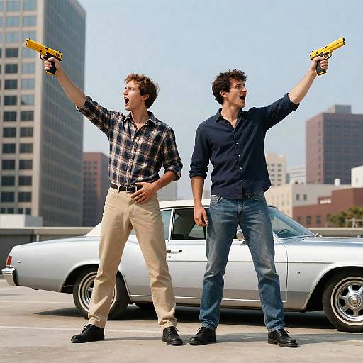 Dynamic Duo on a Silver Classic Car