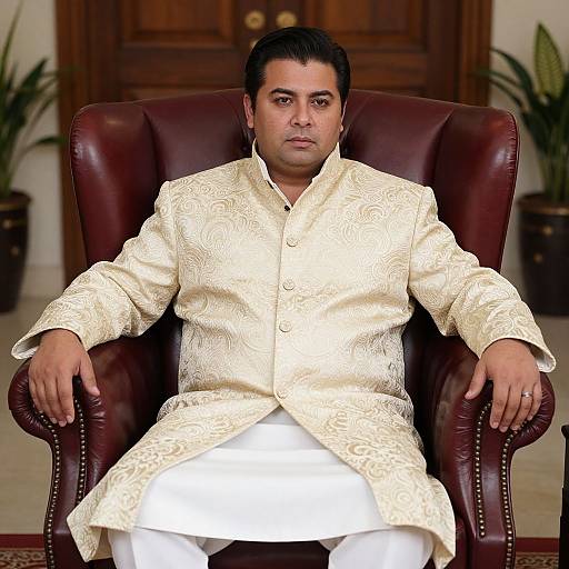 Photograph of a South Asian man with short black hair, medium build, wearing a cream embroidered kurta and white pants, seated in a dark brown