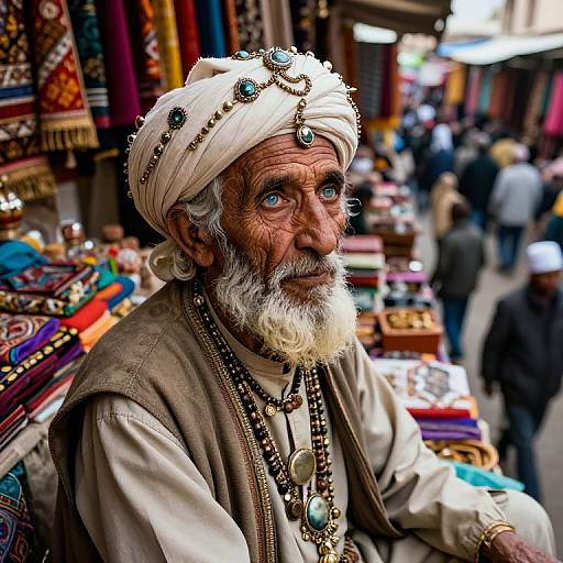 Photograph of an elderly Middle Eastern man with a white beard and turban, adorned with jewelry, sitting in a vibrant, bustling marketplace filled with colorful